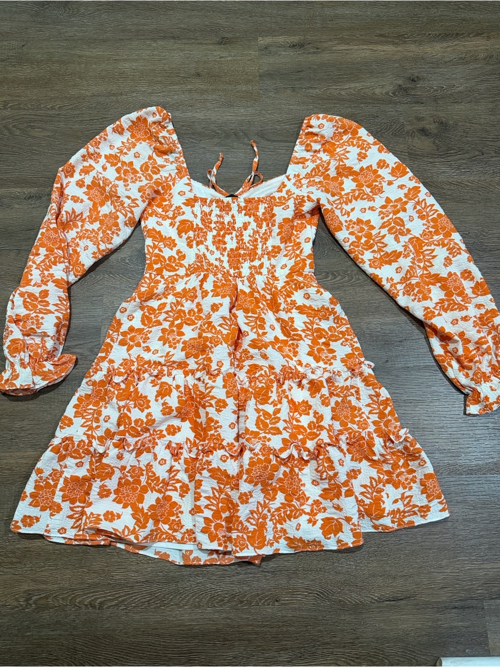 Crystal Doll Orange White Floral Smocked Tiered Ruffle Mini Dress XS - Picture 8 of 11